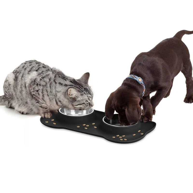 Bol double en acier inoxydable pour animaux avec base anti-débordement