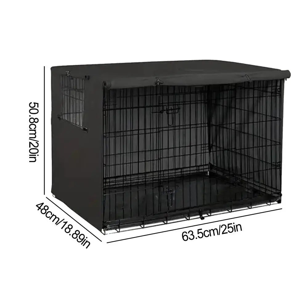 A black waterproof dog crate cover with mesh windows, shown from the front.