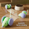 A green and purple electric mouse cat toy is shown next to a bowl of seeds on a wooden surface.