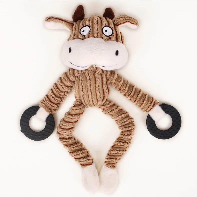 A plush toy resembling a cow with brown fur and white accents, designed as a chew toy for dogs.