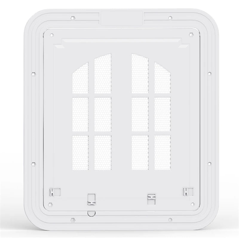 A white magnetic mesh screen door with a self-closing pet flap, shown from the top view.