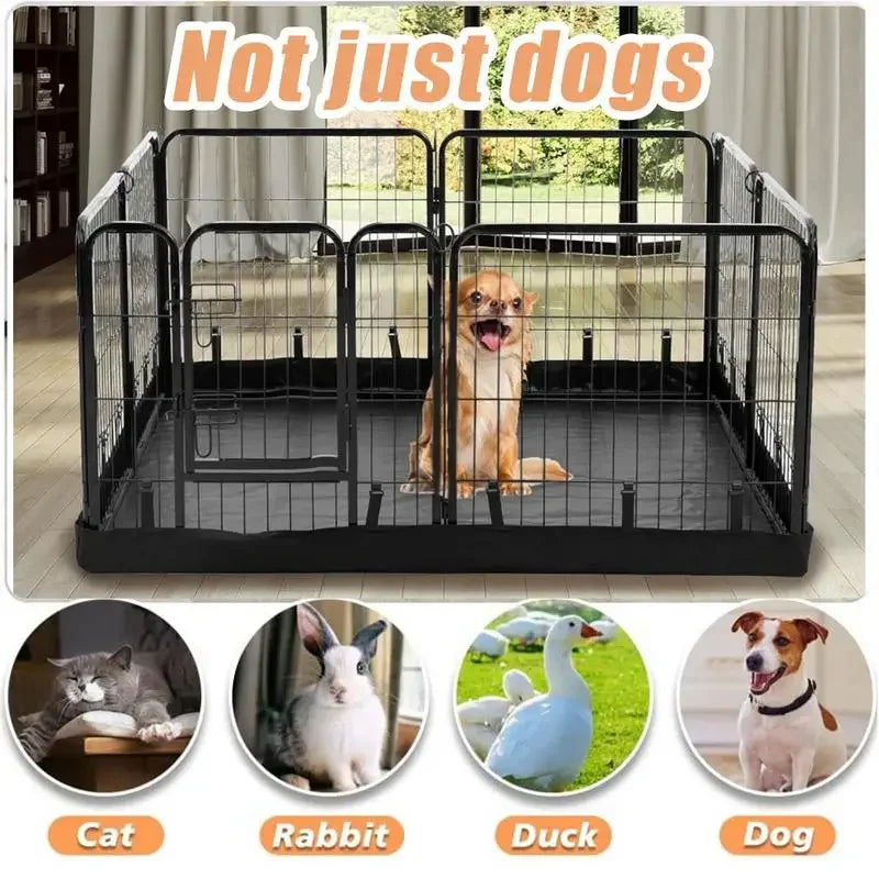 A black waterproof dog playpen mat with a wire enclosure featuring a dog inside.