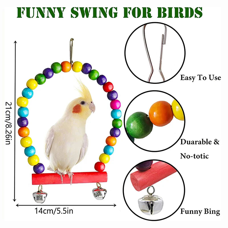 A funny swing for birds made of wood with colorful balls and a hanging mechanism.