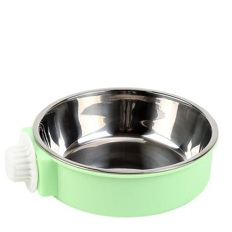 Stainless steel hanging dog bowl with a light green base