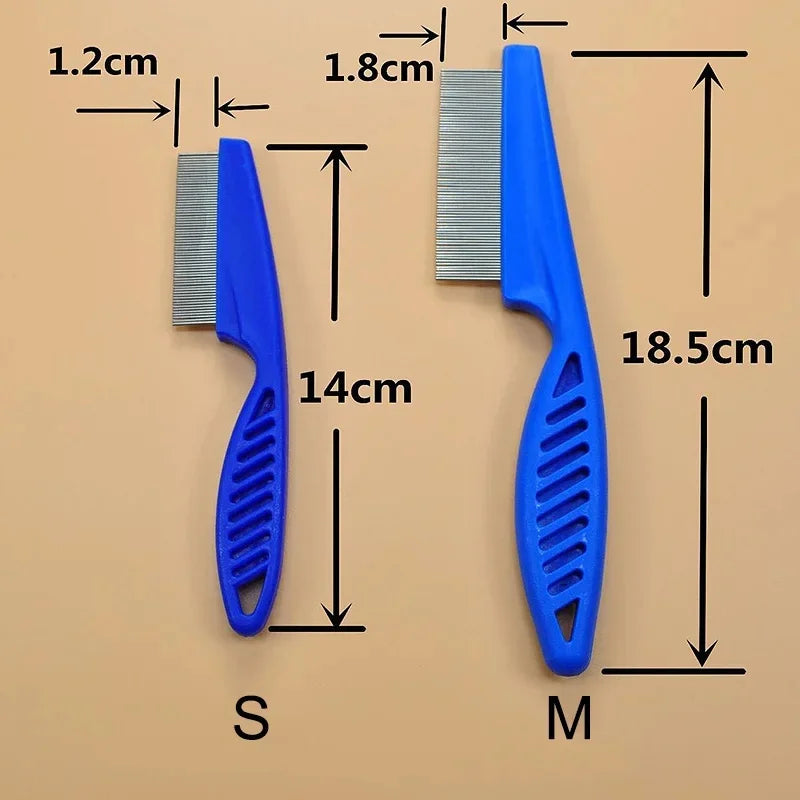 A set of blue pet grooming combs, labeled S and M sizes, with stainless steel blades shown next to their measurements.