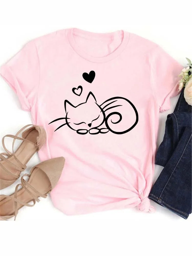 Women Kawaii Cats Print Summer Cartoon T Shirt