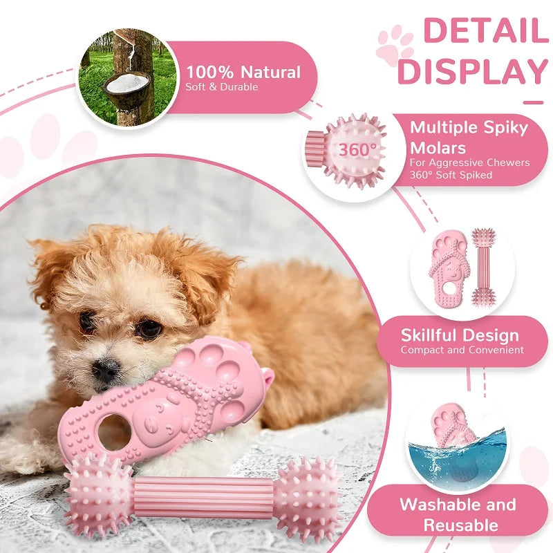 Pink rubber chew toy for small dogs featuring a bristled texture and designed for dental cleaning.