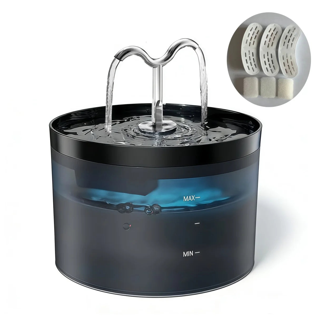 A black automatic pet water fountain with a clear water flow and a diagram of interchangeable water nozzles.