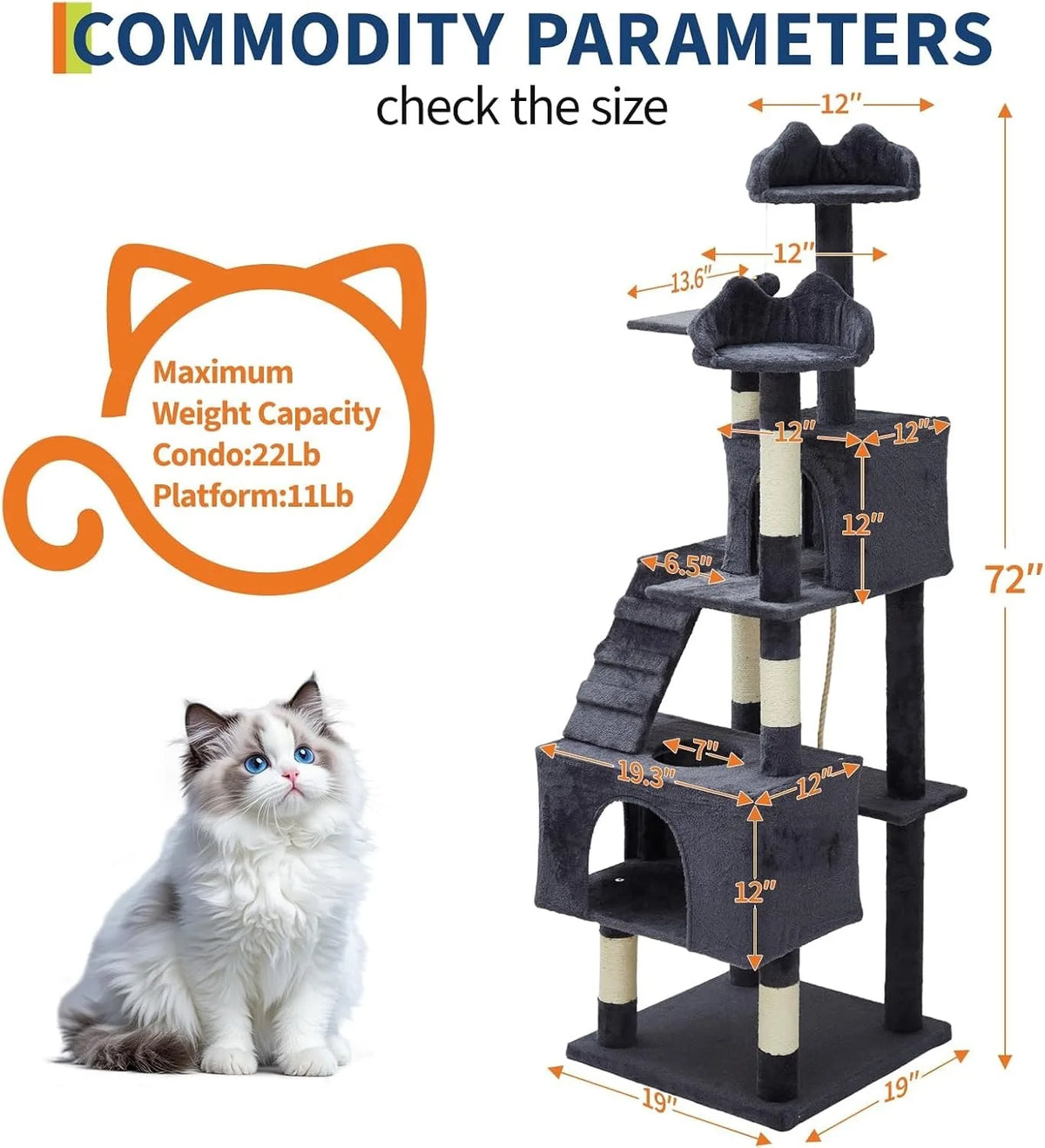 72-Inch Multi-Level Cat Tree with Scratching Posts, Condos & Hammock