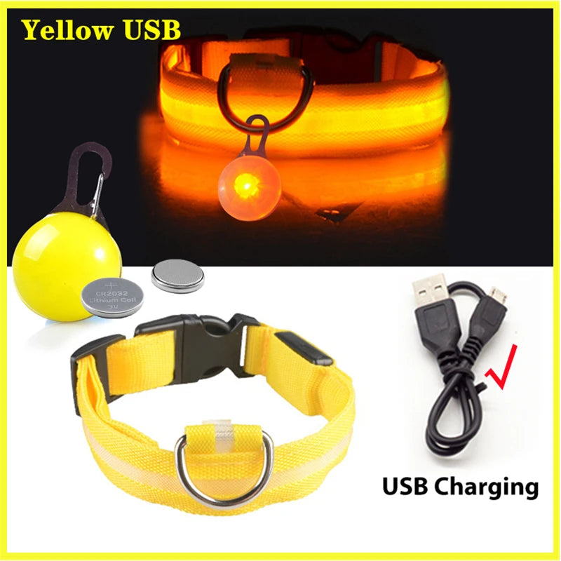 طوق أمان للكلب يعمل بشحن USB LED أصفر، مع طوق مفكوك وكابل شحن.