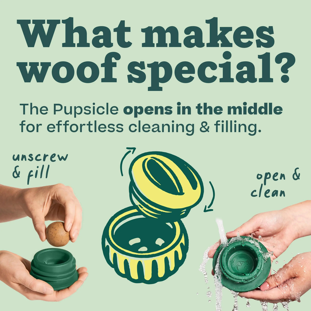 Hands demonstrate the ease of opening and cleaning a green dog toy for effortless feeding.