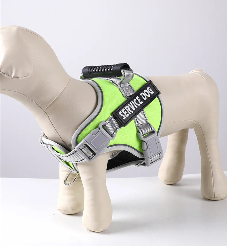 A light beige dog harness with a neon green padded collar and black strap featuring the text SERVICE DOG