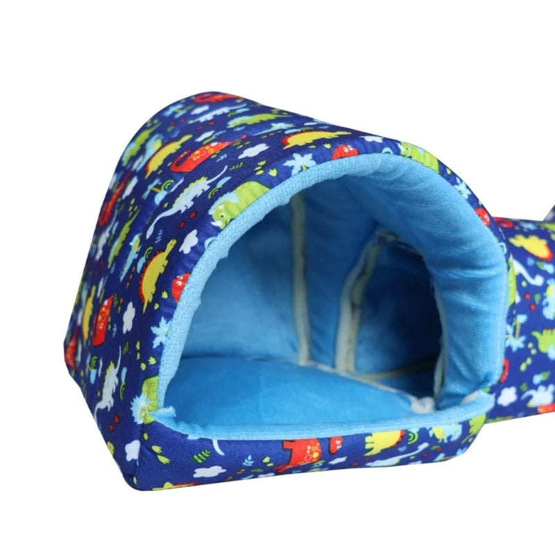 A blue and yellow patterned cozy fleece tunnel bed for small pets.