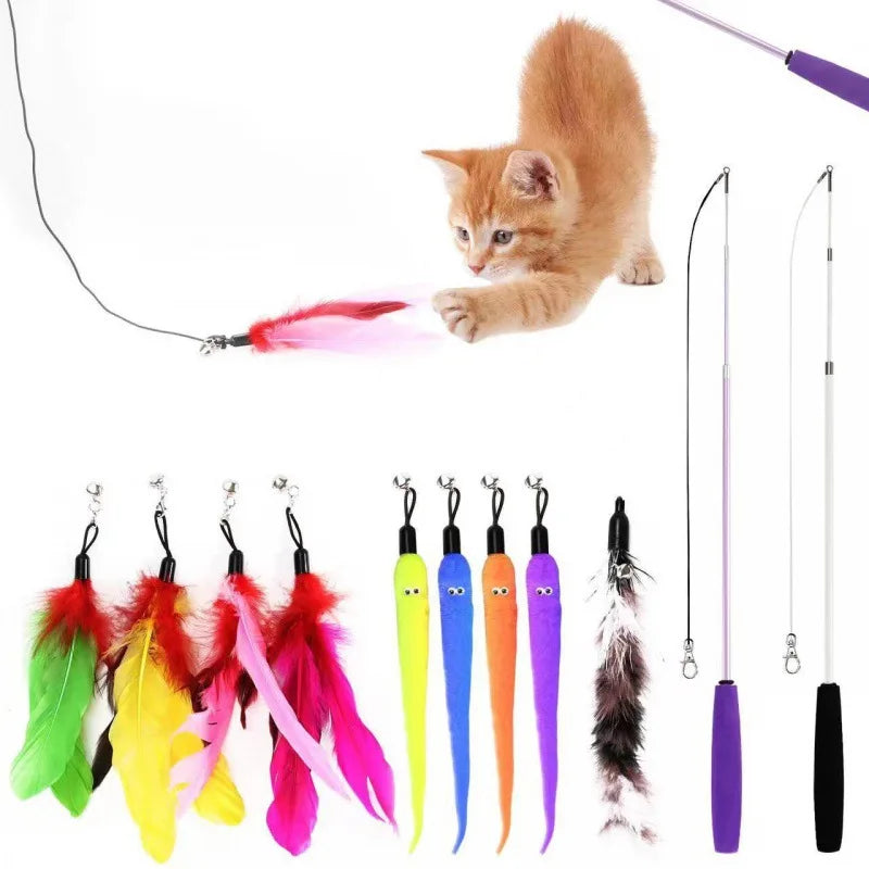 A variety pack of interactive cat toys featuring a telescopic pole and plush replacements in various colors.
