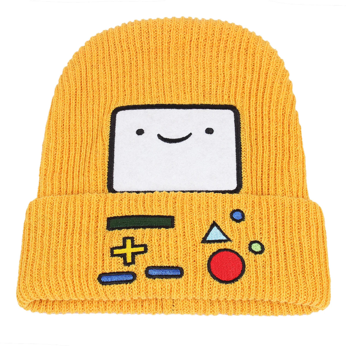 A yellow knitted beanie hat featuring an embroidered cartoon face with mathematical symbols.