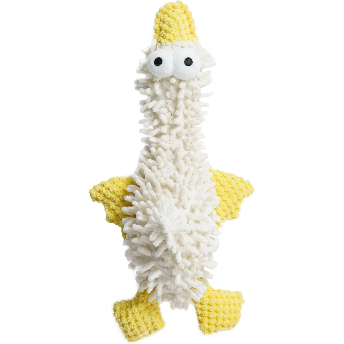 A white and yellow plush squeaky dog toy resembling a stylized dog with large eyes.