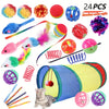 Interactive cat play set featuring a collapsible tunnel, feather teaser wand, crinkle balls, and various toys.
