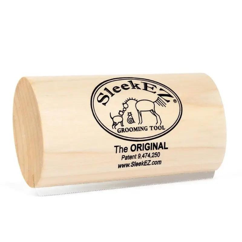 A light wood grooming tool with a comb attached, labeled SleekEZ Grooming Tool and The ORIGINAL.