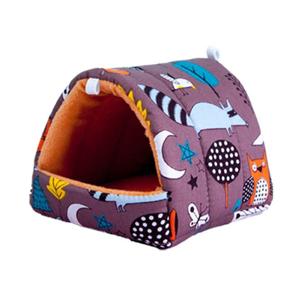 A soft, brown fabric pet nest bed decorated with cartoon animals and celestial shapes.