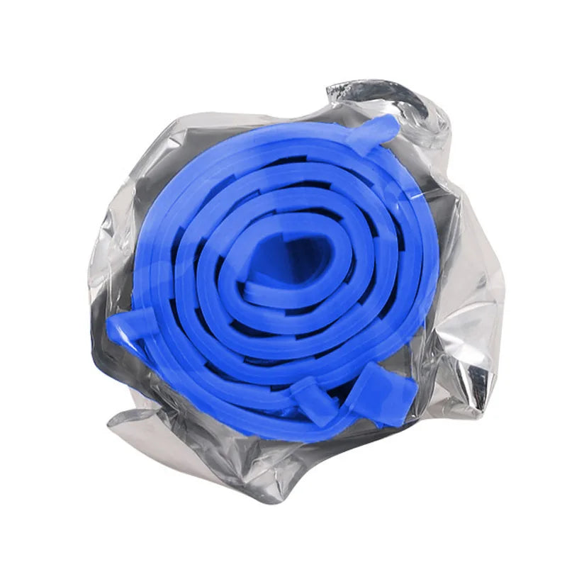 A coiled blue silicone pet collar packaged in clear plastic.