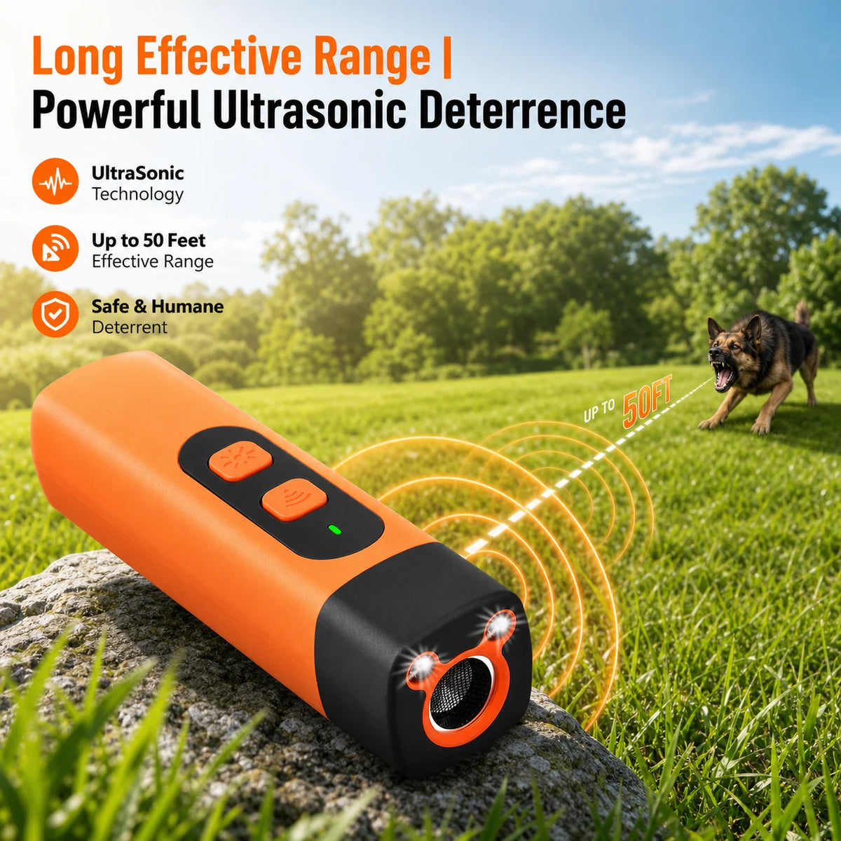 Rechargeable Ultrasonic Dog Deterrent with LED Flashlight