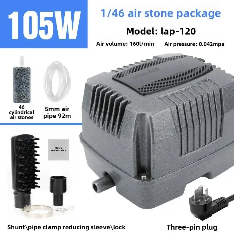A gray air stone package featuring 46 cylindrical air stones, a 5mm air pipe, and accessories for the lap-120 model.