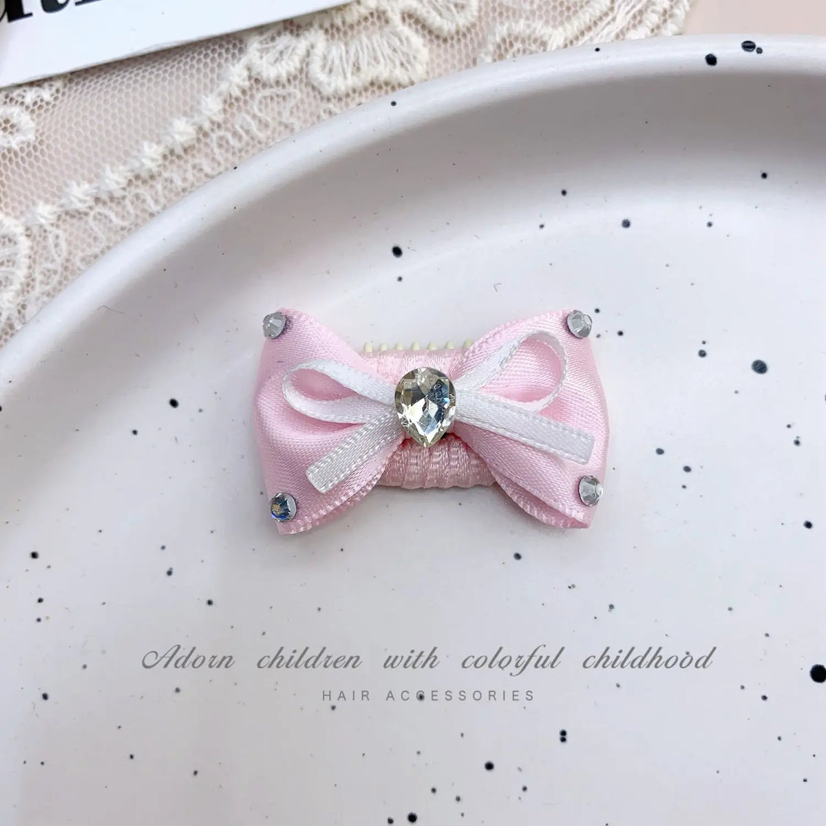 Pink Bow Pet Hair Clip with Rhinestone & Pearl Accents