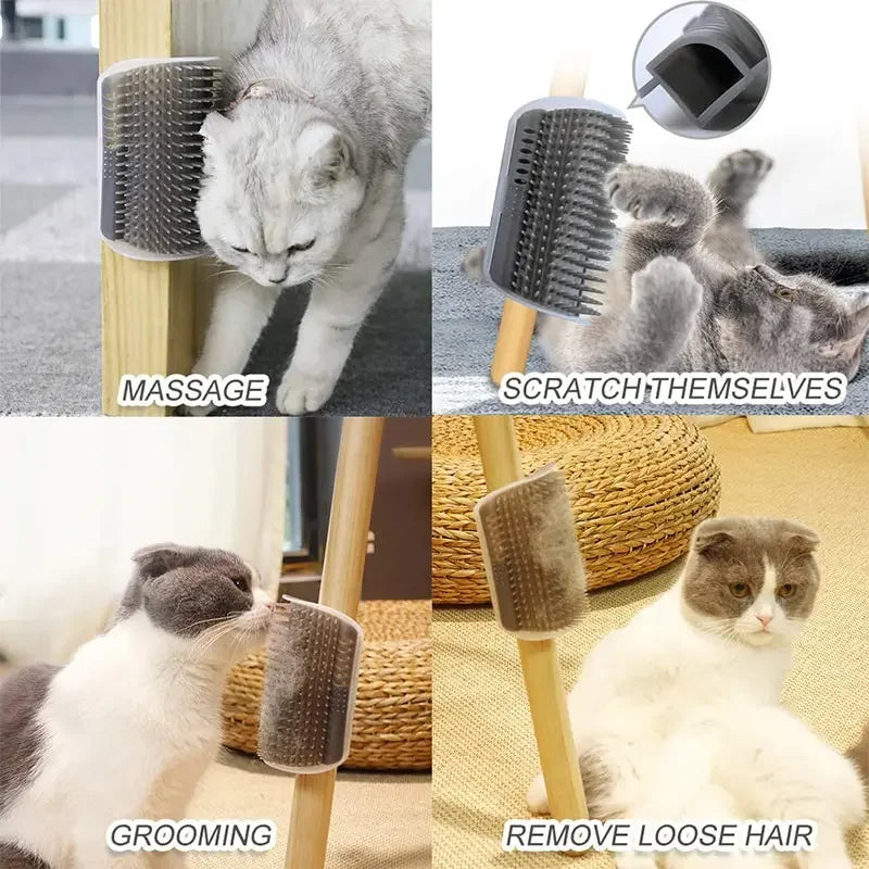 A cat is being groomed using a corner grooming brush for massage, scratching, and removing loose hair.