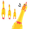 A yellow rubber chicken squeaky dog toy shown in various forms and close-up.