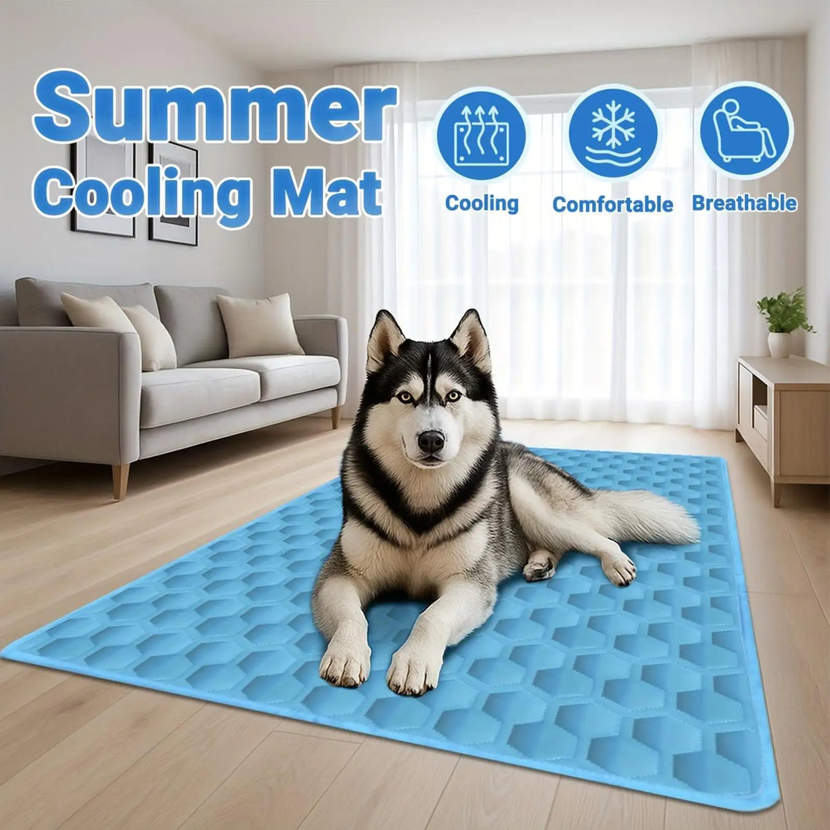 A blue self-cooling dog mat is placed on a wooden floor in a bright room, with icons indicating cooling, comfort, and breatha