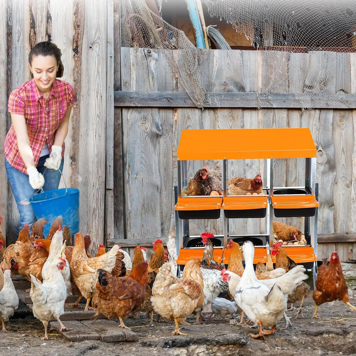 A woman is standing next to a wooden fence with several chickens and a bright orange nesting box.