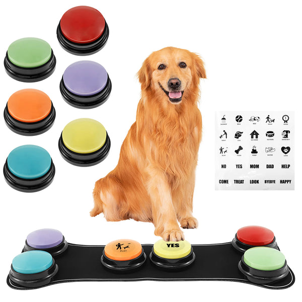 A set of colorful dog communication buttons with a non-slip mat for pet training.