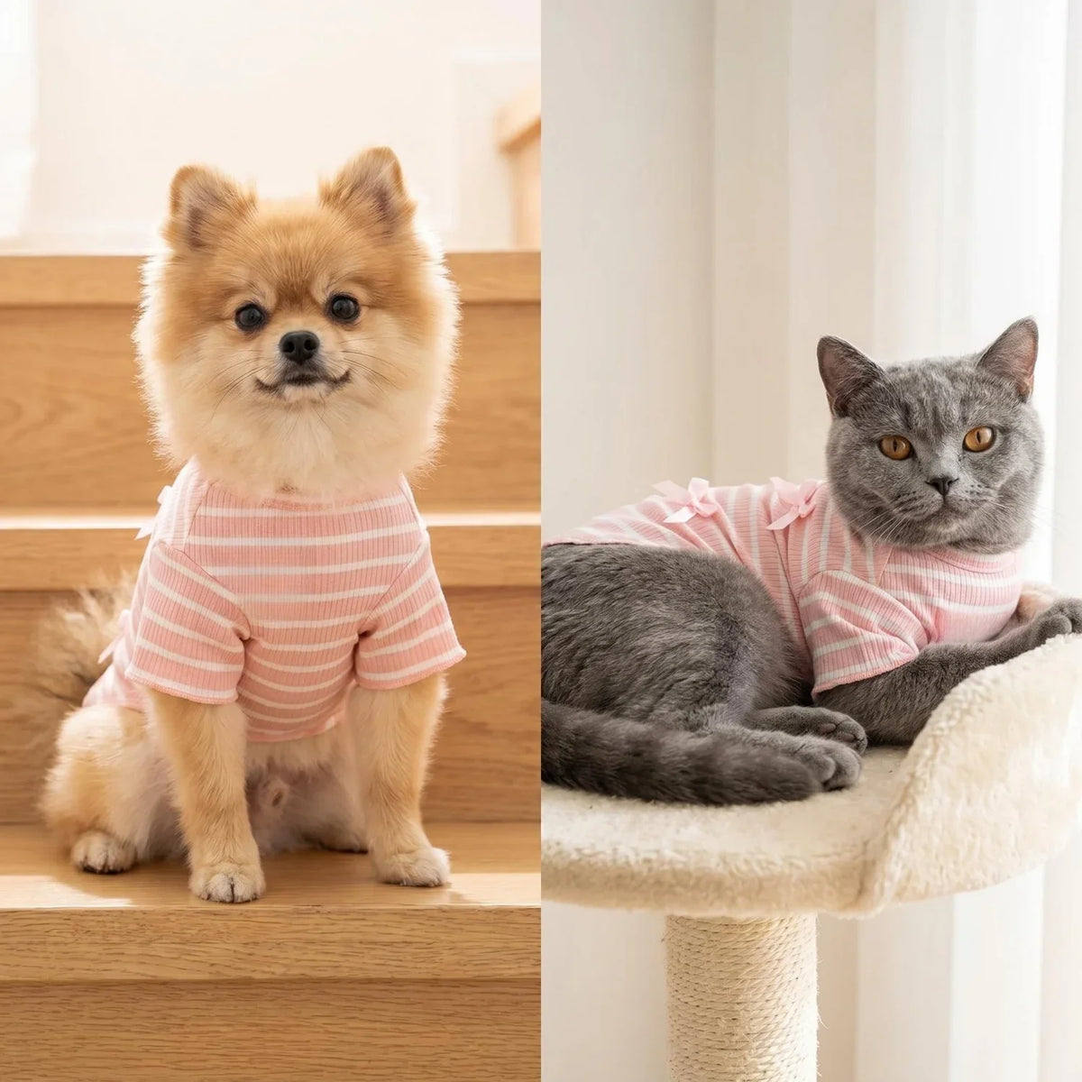A fluffy apricot dog wearing a pink striped shirt sits on wooden stairs next to a gray cat wearing a matching pink shirt.