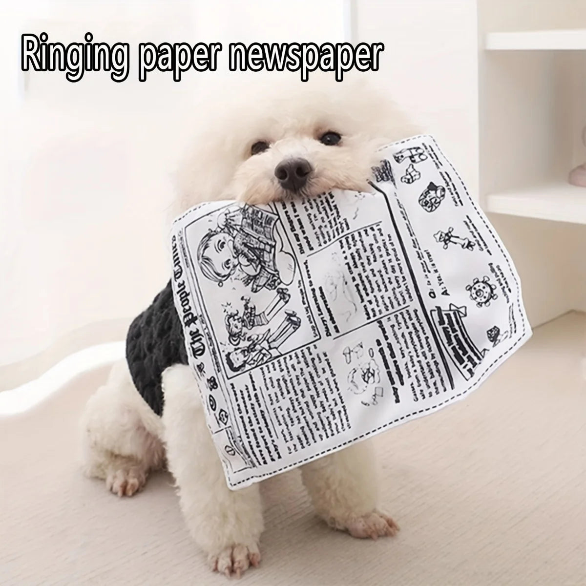 A fluffy white dog is holding a piece of ringing paper newspaper designed as a squeaky plush toy.