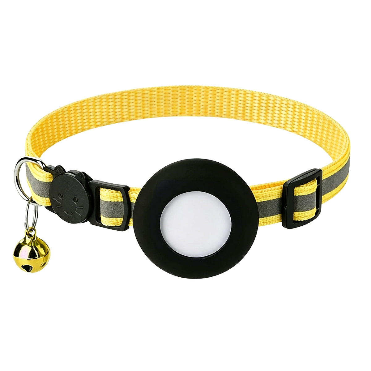 Yellow nylon breakaway cat collar with a black reflective strip and an AirTag holder.