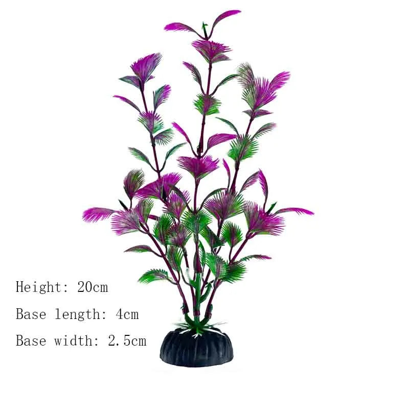 A realistic artificial aquarium plant with purple and green foliage displayed in a black pot.