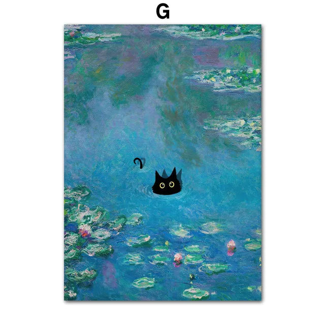 An abstract painting featuring shades of blue and green with a black cat silhouette floating in the water.