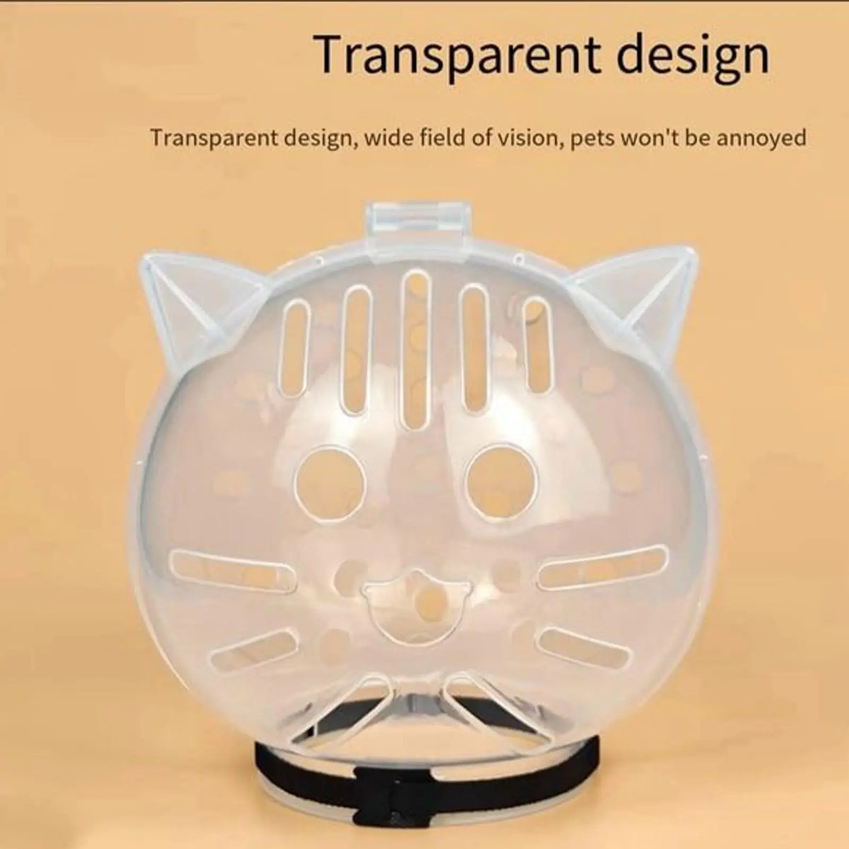 A transparent grooming hood designed for cats, featuring a cat face shape and multiple openings.