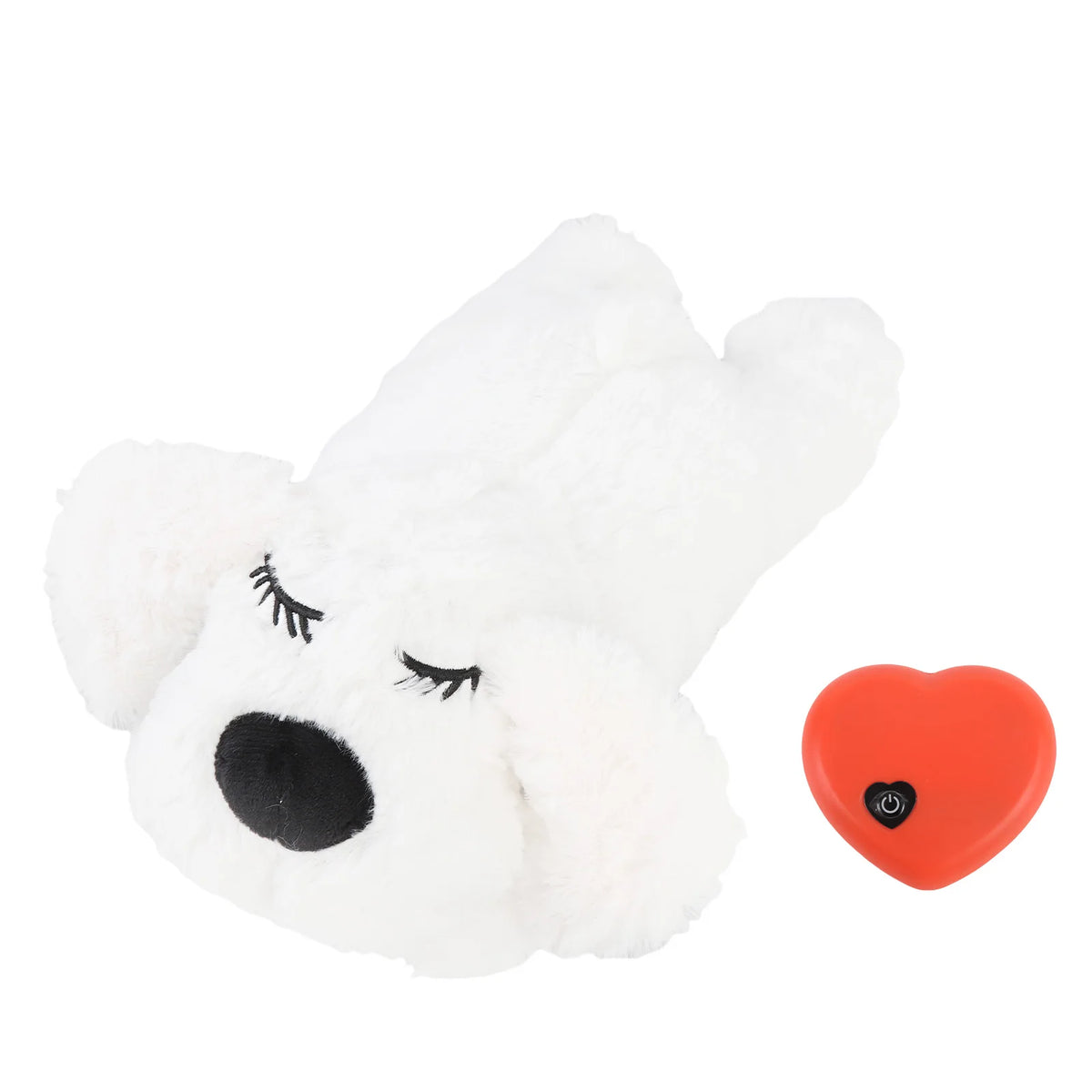 A white stuffed animal shaped like a bear with black features and an orange heart-shaped button.