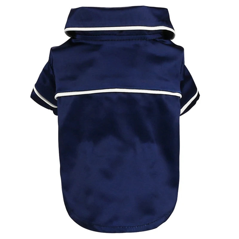 Navy blue luxury silk pet pajamas for dogs with white trim
