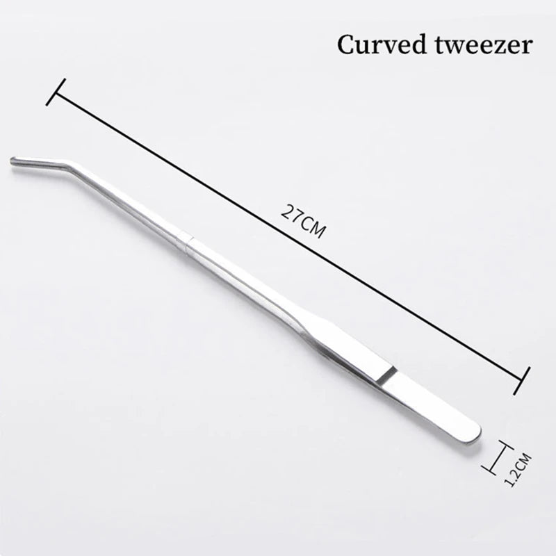 A stainless steel curved tweezer tool with a 27cm length and a 1.2cm tip.