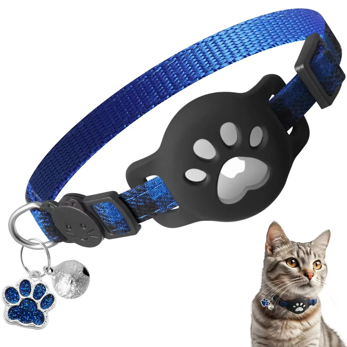 A black adjustable cat collar with a paw print design and an attached silver bell, shown next to a tabby cat.