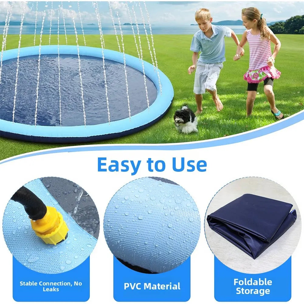 A dog splash pad with an anti-slip sprinkler mat being used for outdoor summer fun.