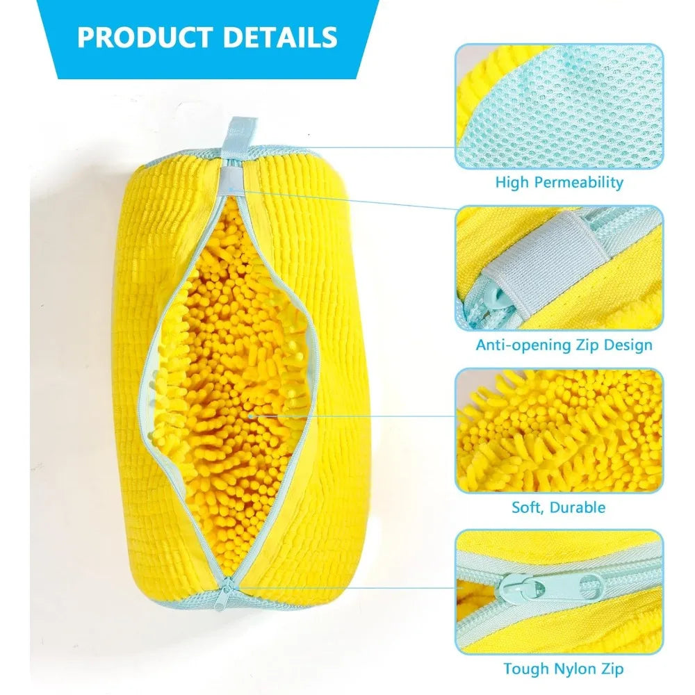 Yellow durable shoe washing bag with a zipper, showing features like high permeability and tough nylon zip.
