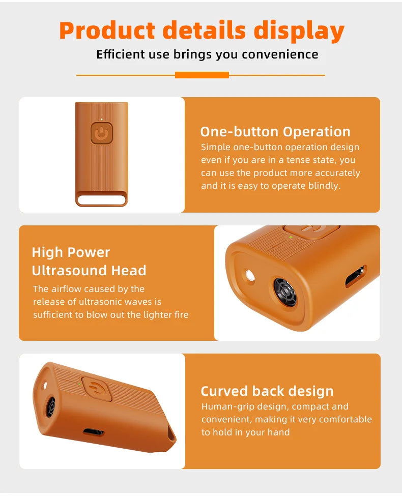 An orange portable ultrasonic dog bark deterrent device showing its one-button operation and curved back design.