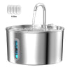 A stainless steel automatic cat water fountain with a visible water stream and a filter component.