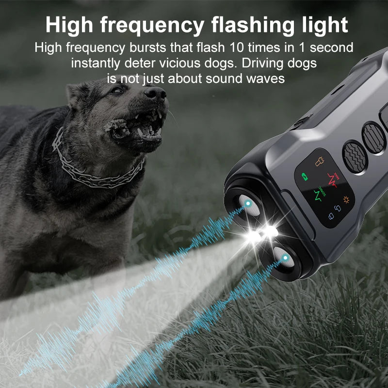 A close-up of a dual-emitter ultrasonic dog deterrent device emitting a bright light beam onto grass.