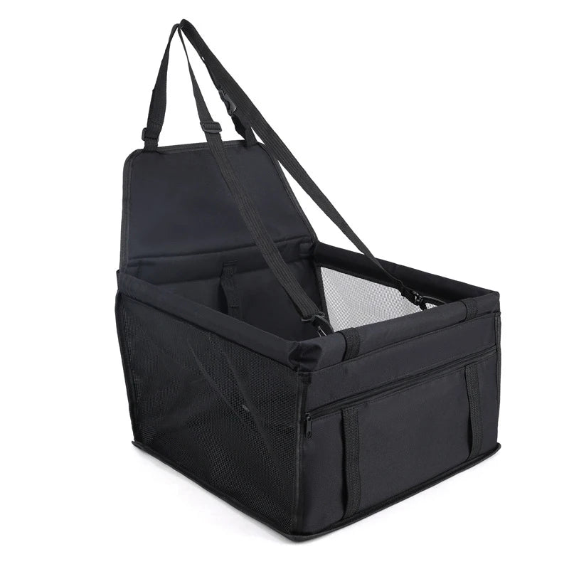 Black car pet seat cushion with a safety belt harness.