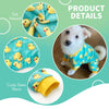 A small white dog wearing a blue and yellow duck print pajama set with a yellow elastic sleeve.
