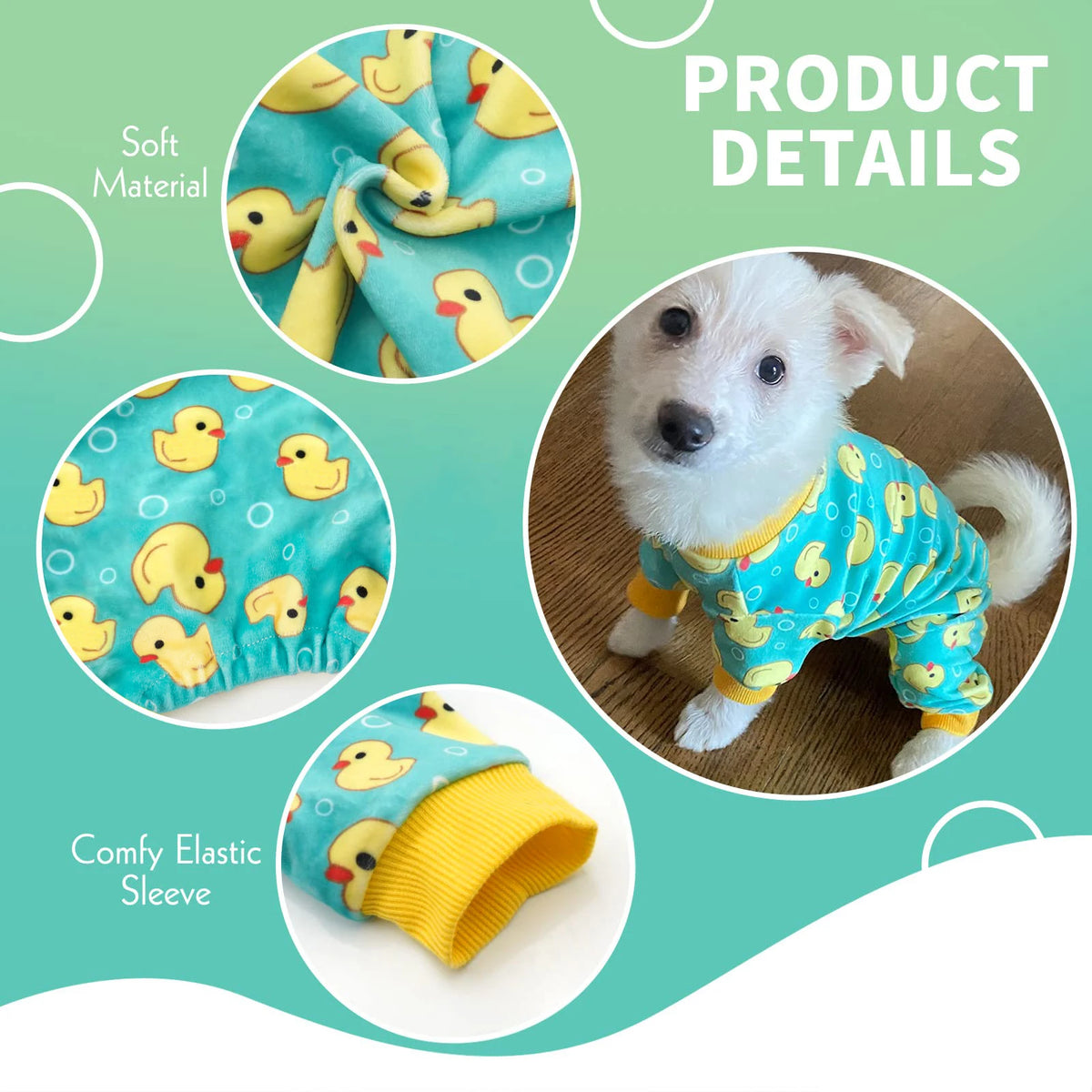 A small white dog wearing a blue and yellow duck print pajama set with a yellow elastic sleeve.